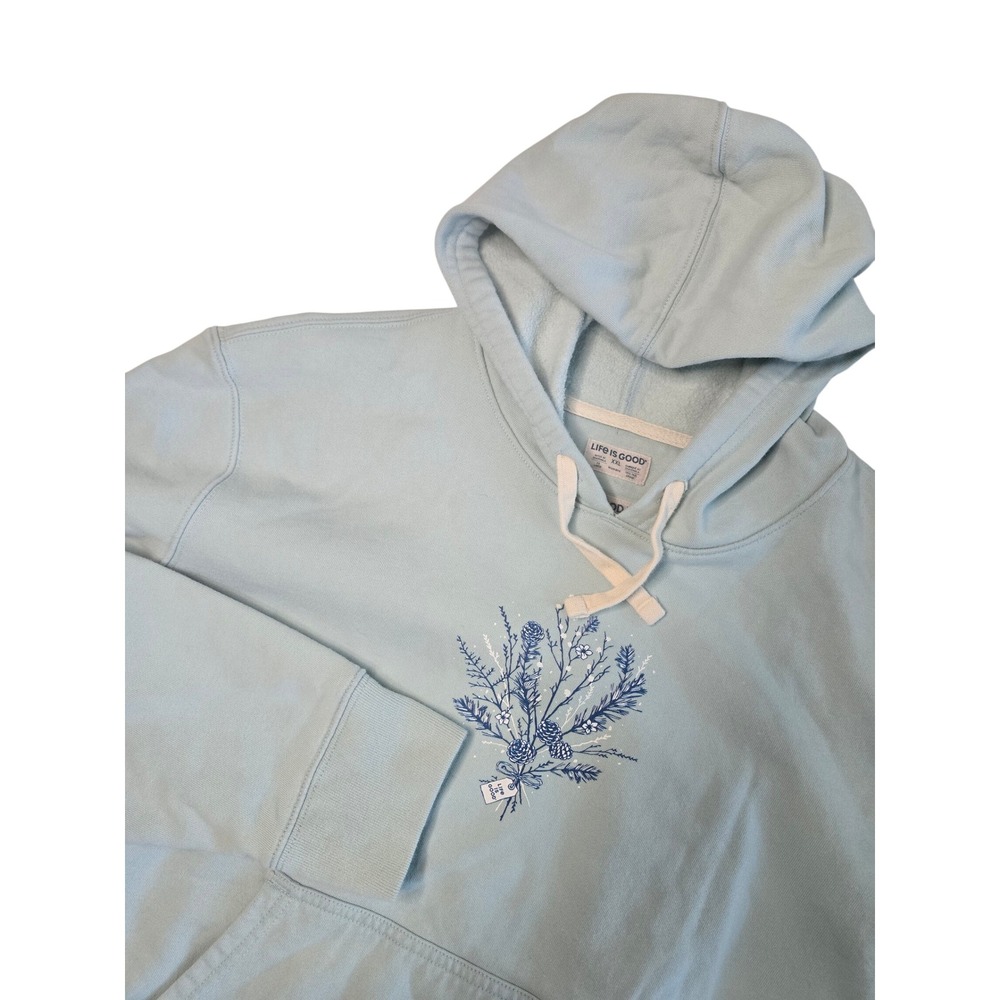 Life Is Good Simply True Hoodie Women XXL Blue Floral Pinecone Graphic Pullover